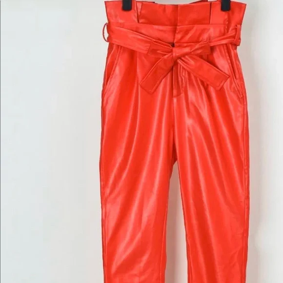 Paperbag High Waist Belted PU Pants Size Large - Picture 2 of 4